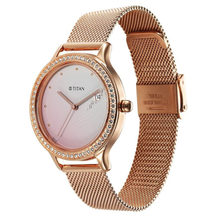 Titan Purple Glam It Up Pink Dial Analog with Date Stainless Steel Strap Watch for Women - The Watch Factory ®