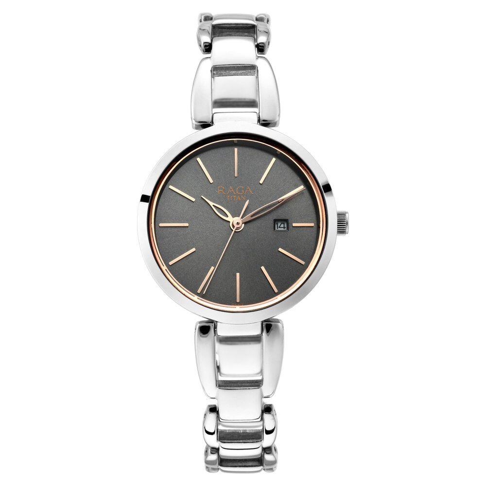 Titan Raga Viva Grey Dial Analog with Date Silver Metal Strap Watch for Women - The Watch Factory ®