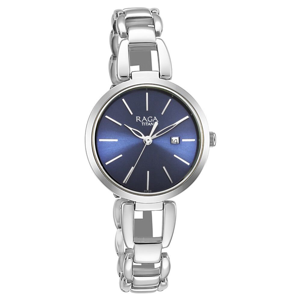 Titan Raga Viva Blue Dial Analog with Date Silver Metal Strap Watch for Women - The Watch Factory ®