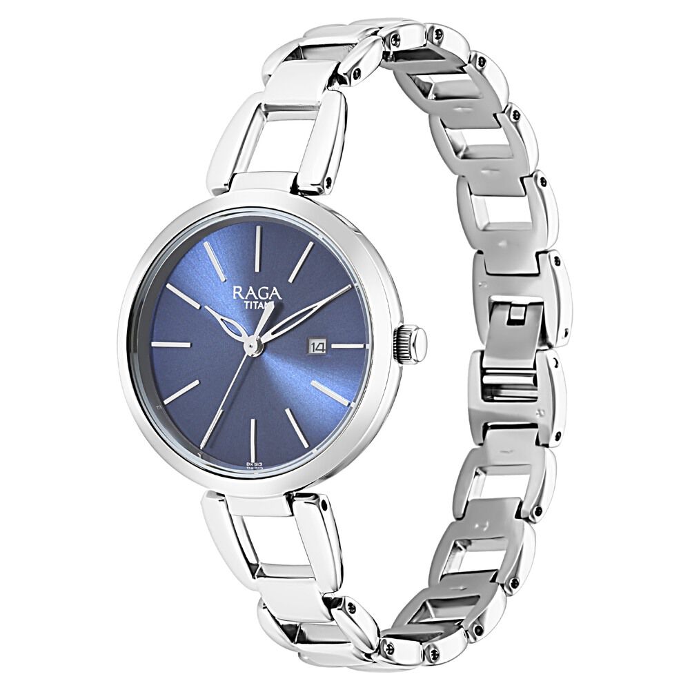 Titan Raga Viva Blue Dial Analog with Date Silver Metal Strap Watch for Women NS2642SM02