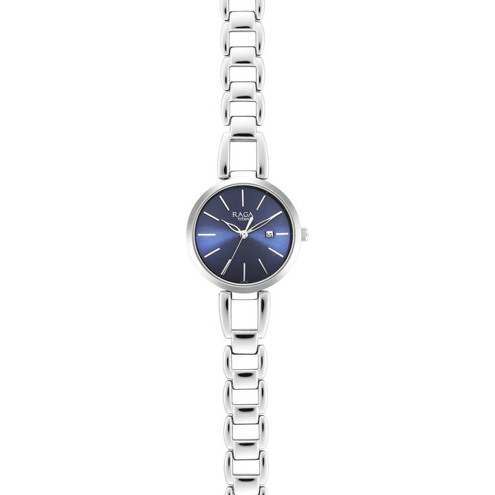 Titan Raga Viva Blue Dial Analog with Date Silver Metal Strap Watch for Women NS2642SM02