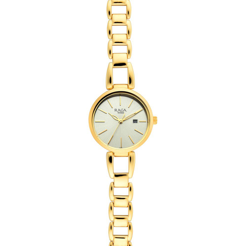 Titan Raga Viva Golden Dial Analog with Date Metal Strap Watch for Women NS2642YM01