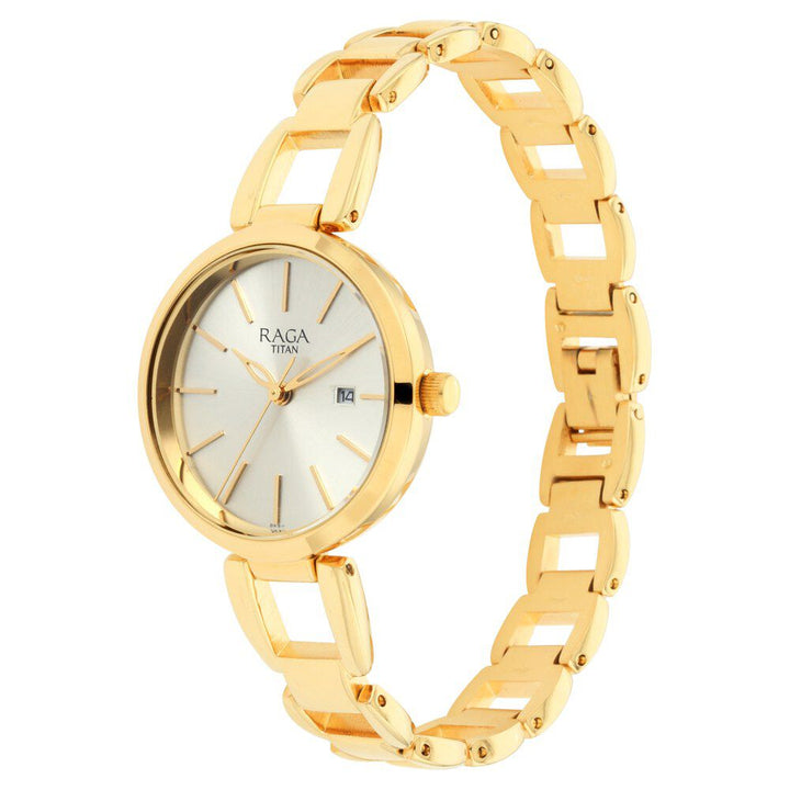Titan Raga Viva Golden Dial Analog with Date Metal Strap Watch for Women NS2642YM01