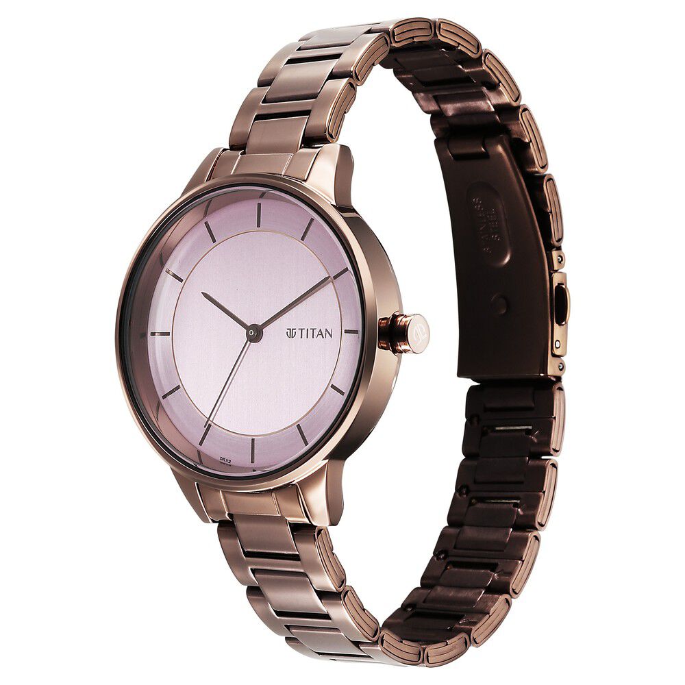 Titan Razzle Dazzle Quartz Analog Pink Dial Brown Stainless Steel Strap Watch For Women