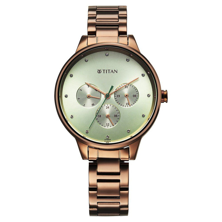 Titan Razzle Dazzle Quartz Analog with Day and Date Green Dial Brown Stainless Steel Strap Watch For Women 2648QM03