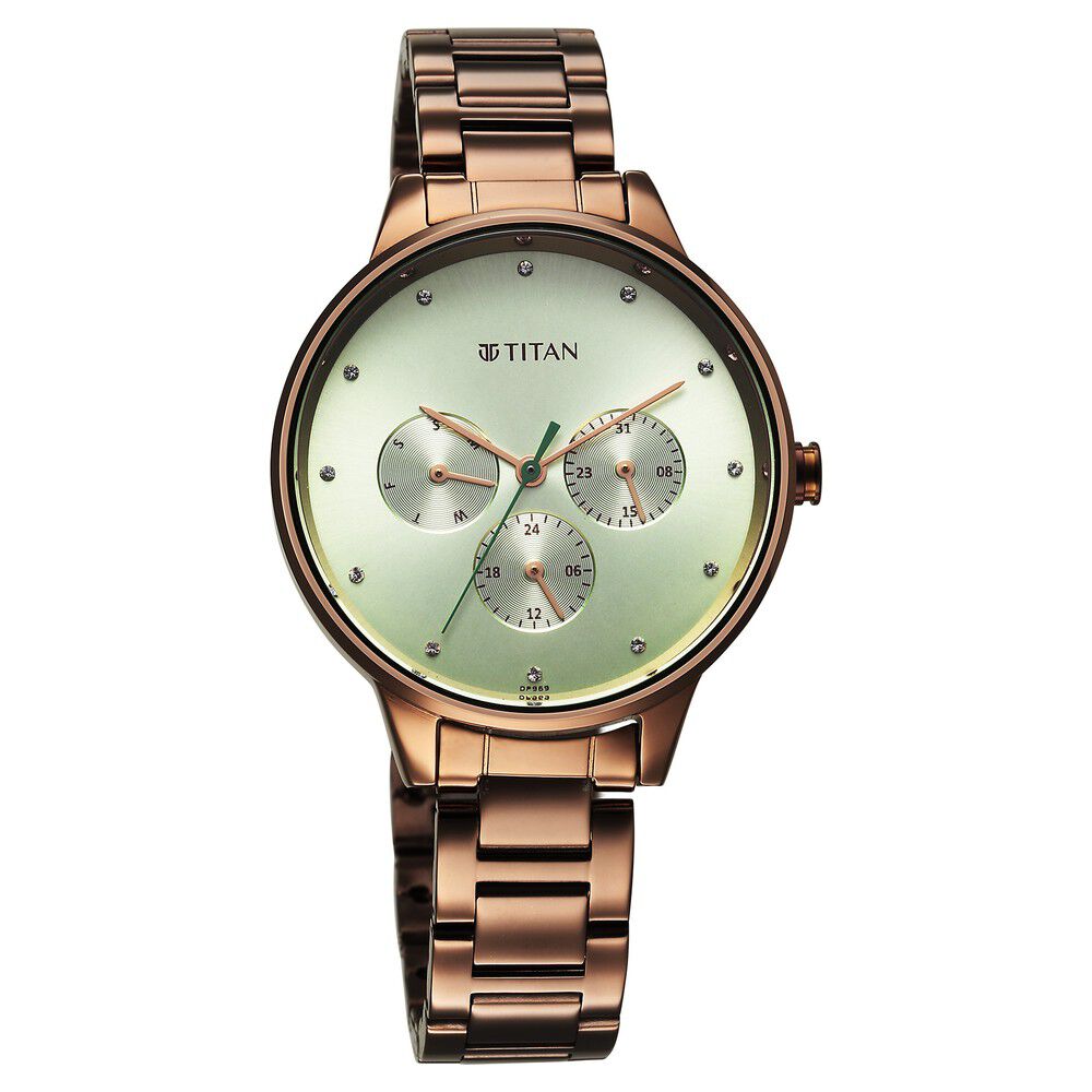 Titan Razzle Dazzle Quartz Analog with Day and Date Green Dial Brown Stainless Steel Strap Watch For Women 2648QM03