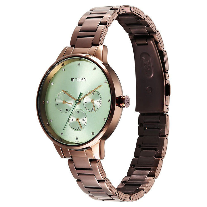 Titan Razzle Dazzle Quartz Analog with Day and Date Green Dial Brown Stainless Steel Strap Watch For Women 2648QM03