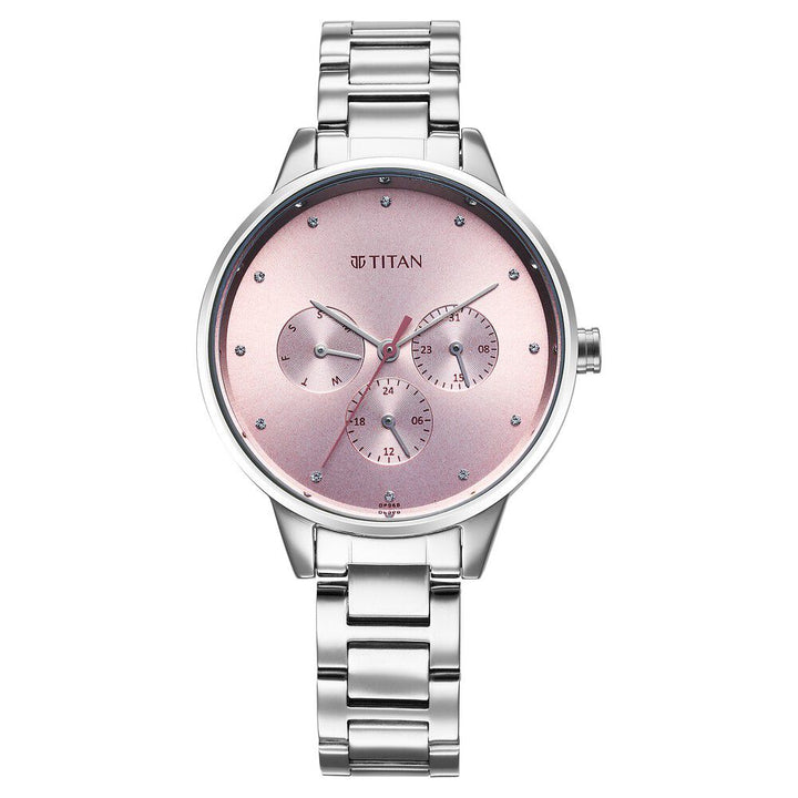 Titan Razzle Dazzle Quartz Analog with Day and Date Pink Dial Silver Stainless Steel Strap Watch For Women 2648SM13