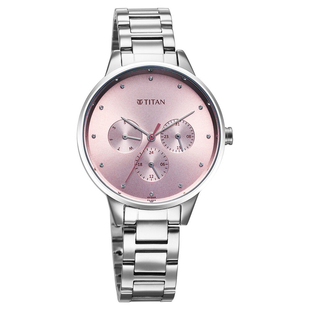 Titan Razzle Dazzle Quartz Analog with Day and Date Pink Dial Silver Stainless Steel Strap Watch For Women 2648SM13