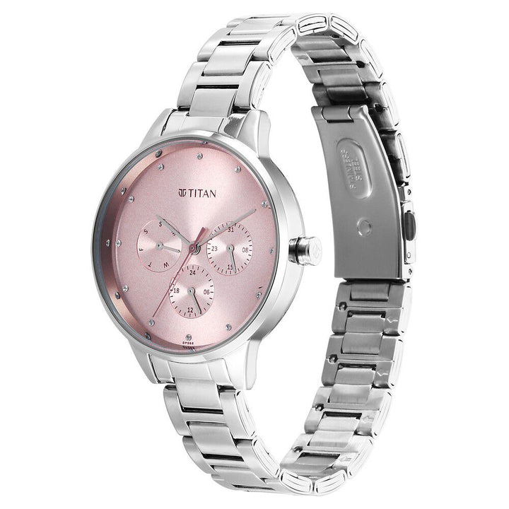 Titan Razzle Dazzle Quartz Analog with Day and Date Pink Dial Silver Stainless Steel Strap Watch For Women 2648SM13