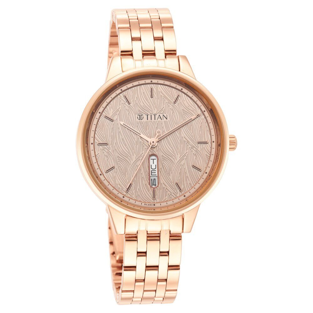 Titan Workwear Quartz Analog with Day and Date Rose Gold Dial Stainless Steel Strap Watch for Women - The Watch Factory ®