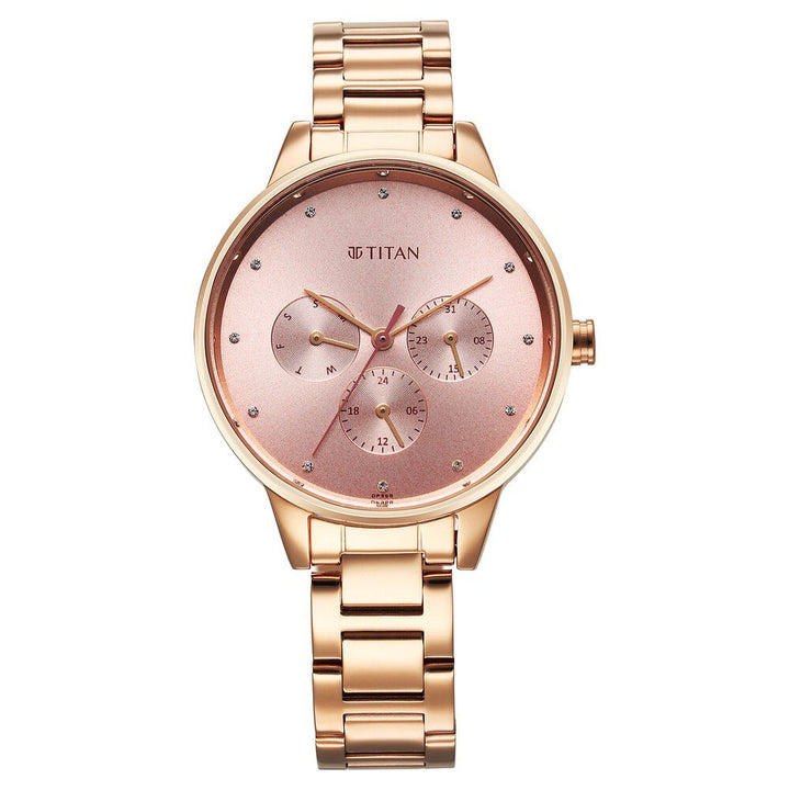 Titan Razzle Dazzle Quartz Analog with Day and Date Pink Dial Rose Gold Stainless Steel Strap Watch For Women 2648WM08