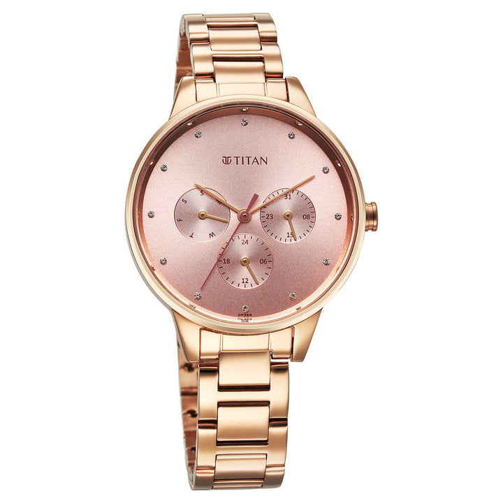 Titan Razzle Dazzle Quartz Analog with Day and Date Pink Dial Rose Gold Stainless Steel Strap Watch For Women 2648WM08
