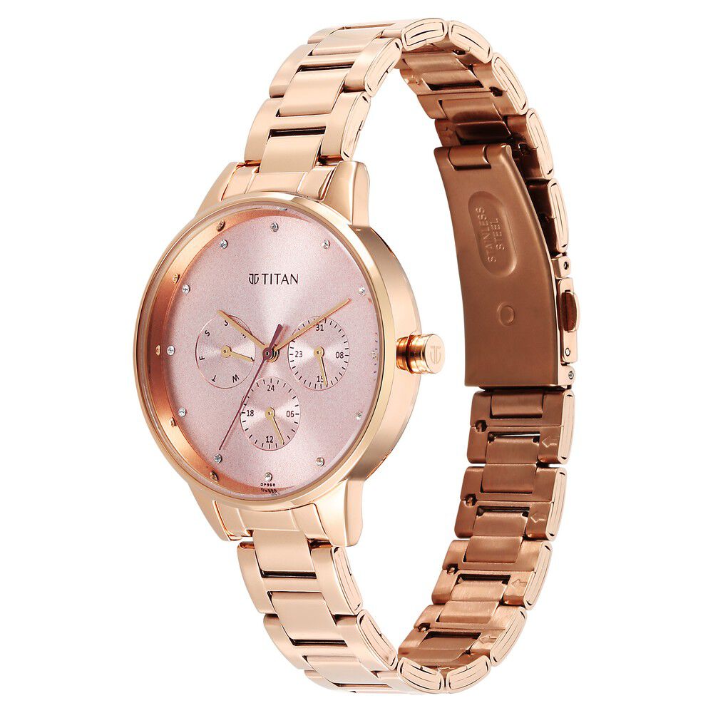 Titan Razzle Dazzle Quartz Analog with Day and Date Pink Dial Rose Gold Stainless Steel Strap Watch For Women 2648WM08