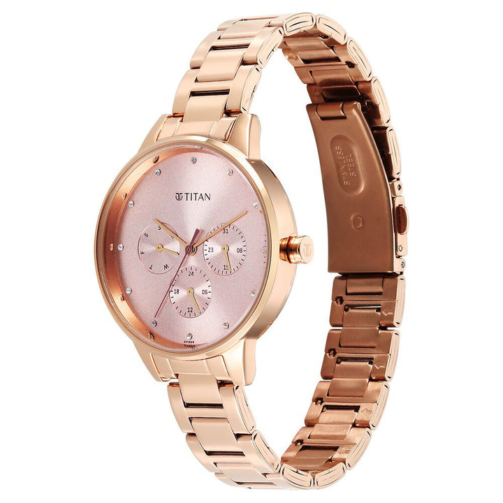 Titan Razzle Dazzle Quartz Analog with Day and Date Pink Dial Rose Gold Stainless Steel Strap Watch For Women 2648WM08