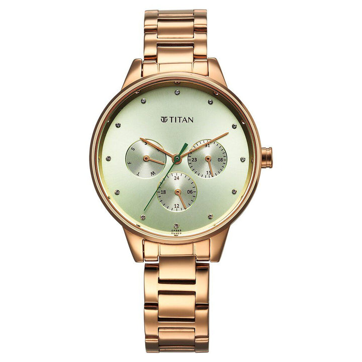 Titan Razzle Dazzle Quartz Analog with Day and Date Green Dial Rose Gold Stainless Steel Strap Watch For Women 2648WM09