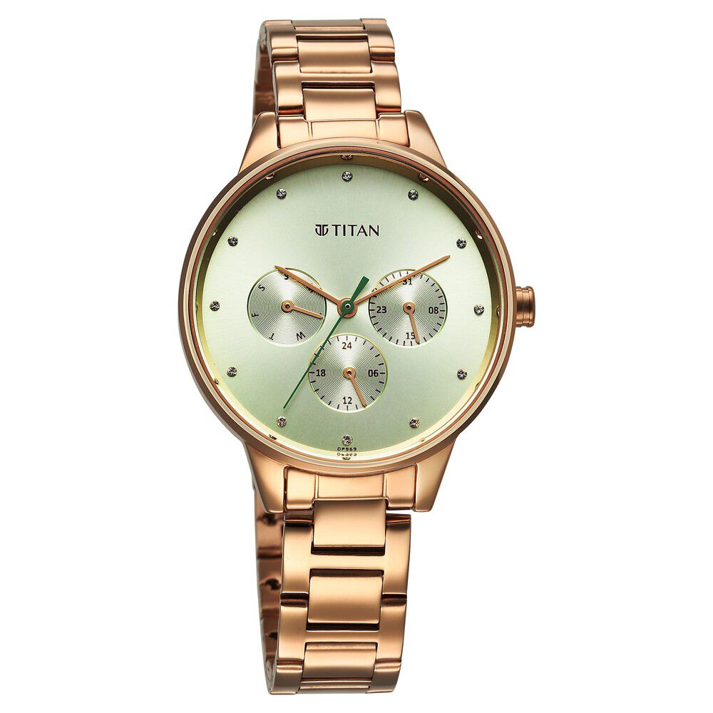 Titan Razzle Dazzle Quartz Analog with Day and Date Green Dial Rose Gold Stainless Steel Strap Watch For Women 2648WM09