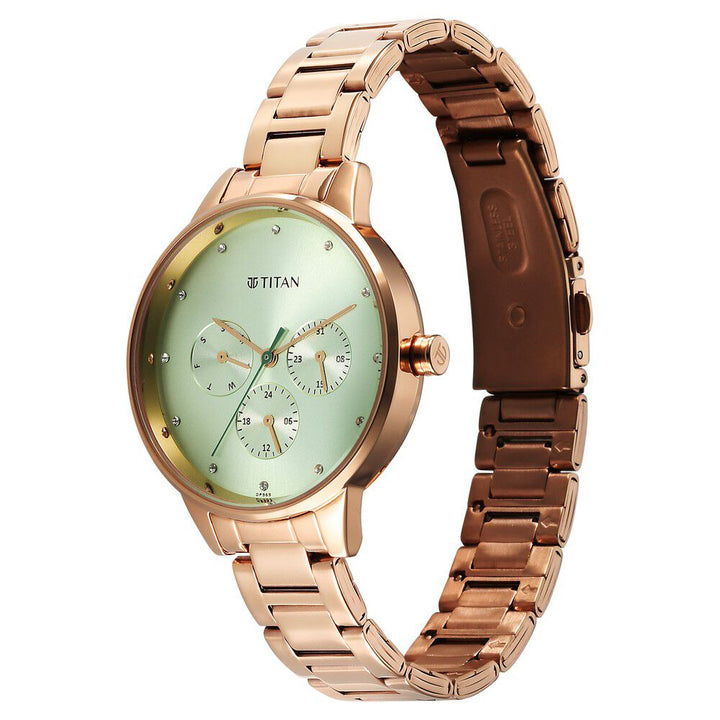 Titan Razzle Dazzle Quartz Analog with Day and Date Green Dial Rose Gold Stainless Steel Strap Watch For Women 2648WM09
