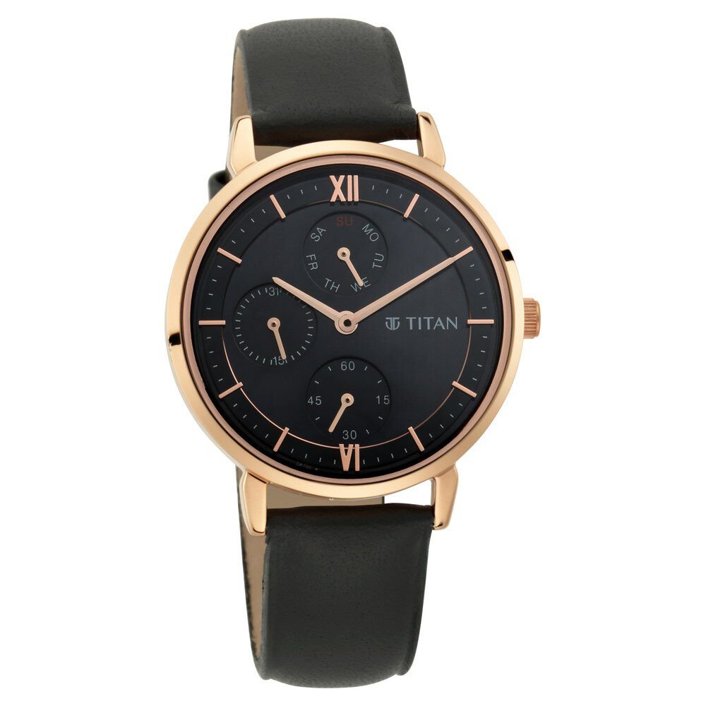Titan Women's Regal: Roman Numeral Black Dial & Leather Strap Watch - The Watch Factory ®