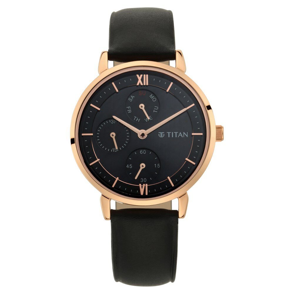 Titan Women's Regal: Roman Numeral Black Dial & Leather Strap Watch - The Watch Factory ®
