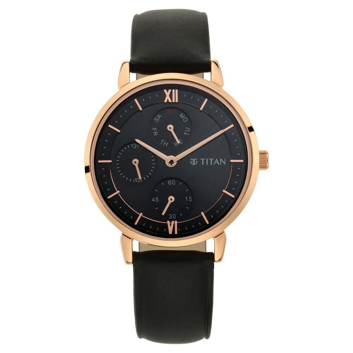 Titan Women's Regal: Roman Numeral Black Dial & Leather Strap Watch - The Watch Factory ®