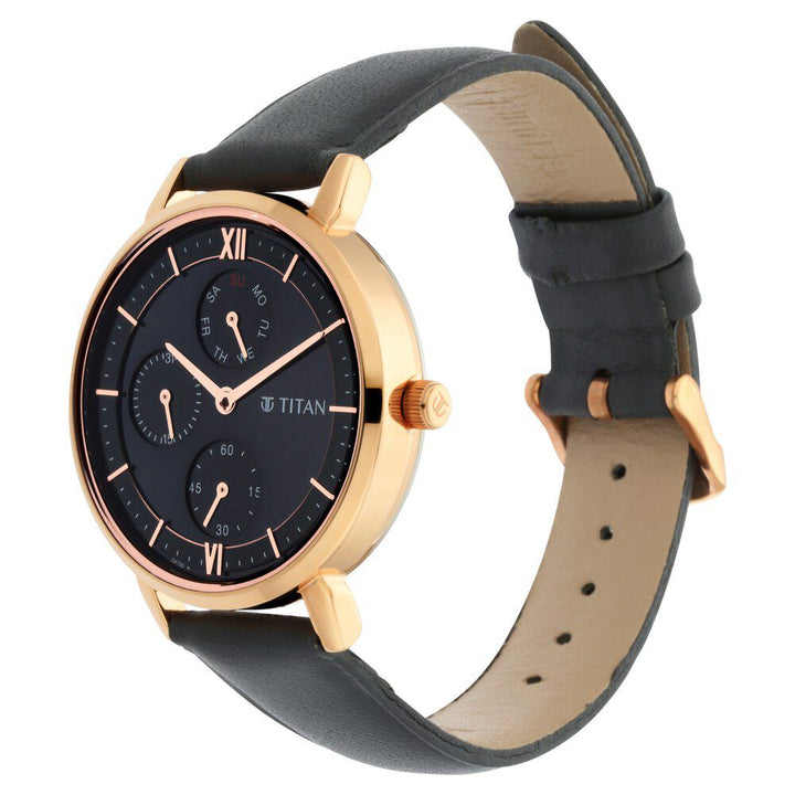 Titan Women's Regal: Roman Numeral Black Dial & Leather Strap Watch - The Watch Factory ®