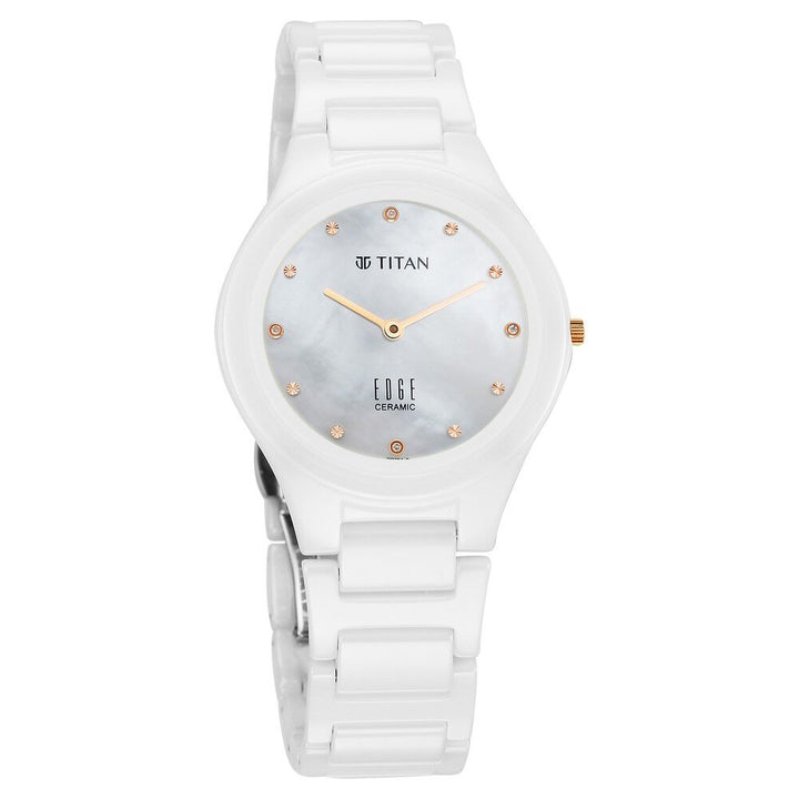 Titan Edge Ceramic Quartz in Arctic White with Diamonds and Rich Mother Of Pearl Dial Watch for Women - The Watch Factory ®