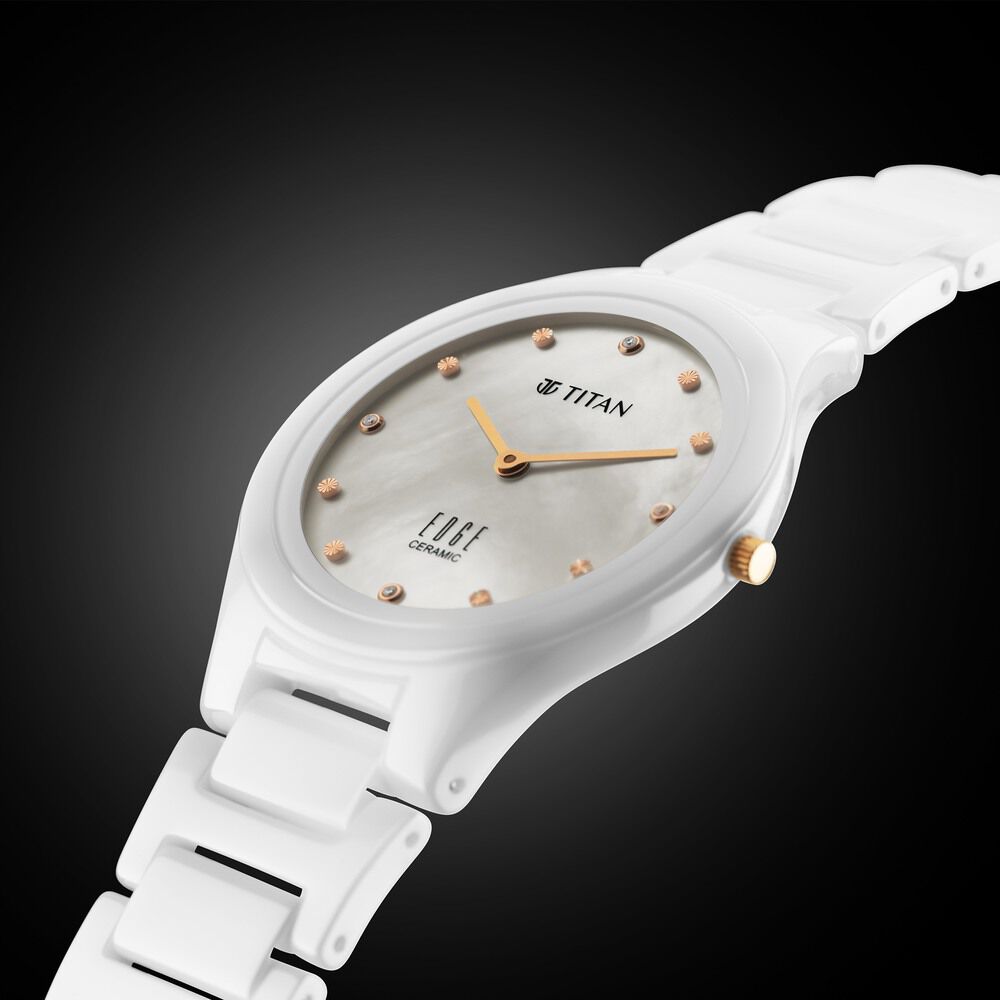 Titan Edge Ceramic Quartz in Arctic White with Diamonds and Rich Mother Of Pearl Dial Watch for Women - The Watch Factory ®