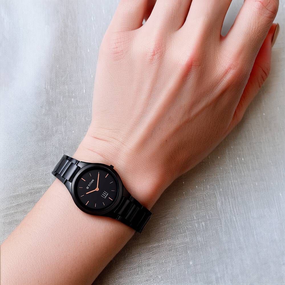 Titan Edge Ceramic Quartz Analog Black Dial Black Ceramic Strap Watch For Women - The Watch Factory ®