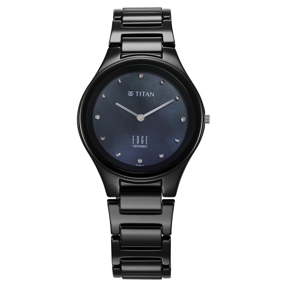 Titan Edge Ceramic Quartz in Glossy Black with Diamonds and Rich Mother of Pearl Dial Watch for Women - The Watch Factory ®