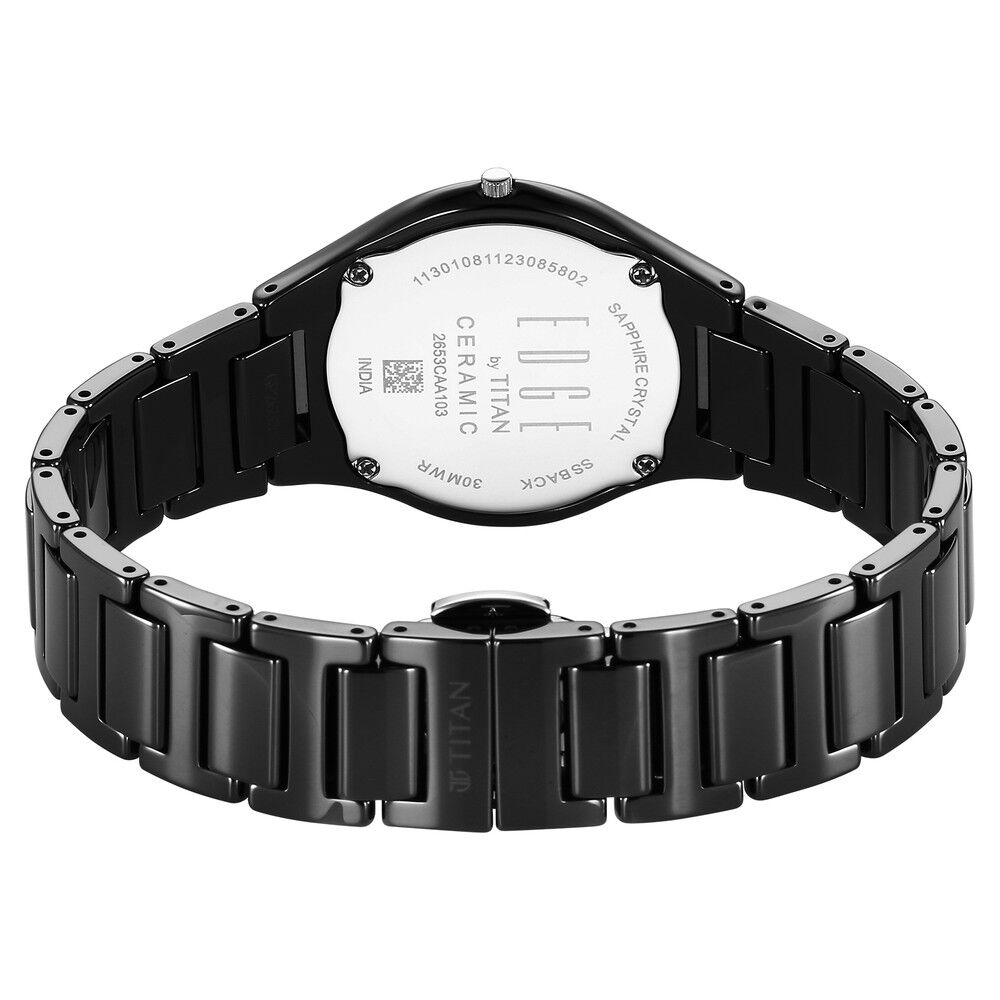 Titan Edge Ceramic Quartz in Glossy Black with Diamonds and Rich Mother of Pearl Dial Watch for Women - The Watch Factory ®