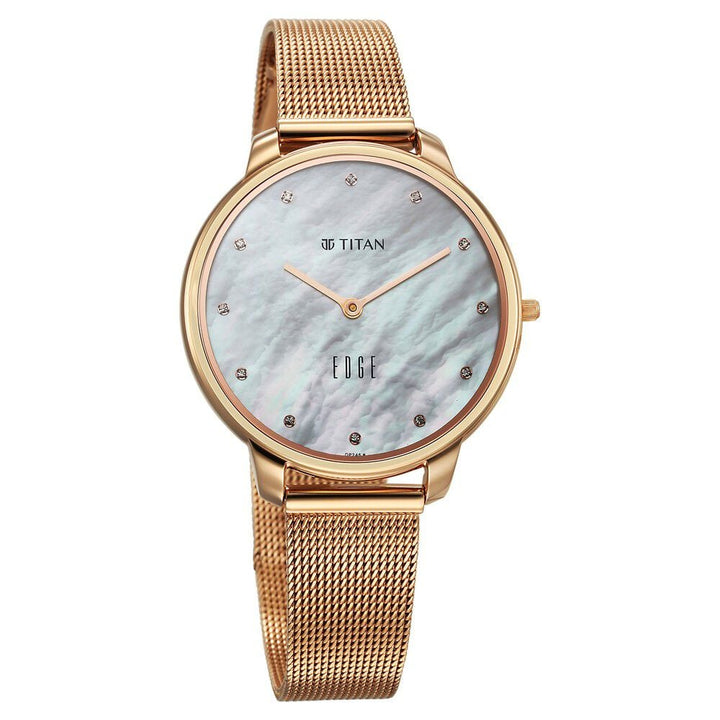 Titan Edge Metal Ladies Allure Quartz Analog Mother Of Pearl Round Dial Rose Gold Stainless Steel Strap Watch For Women - The Watch Factory ®