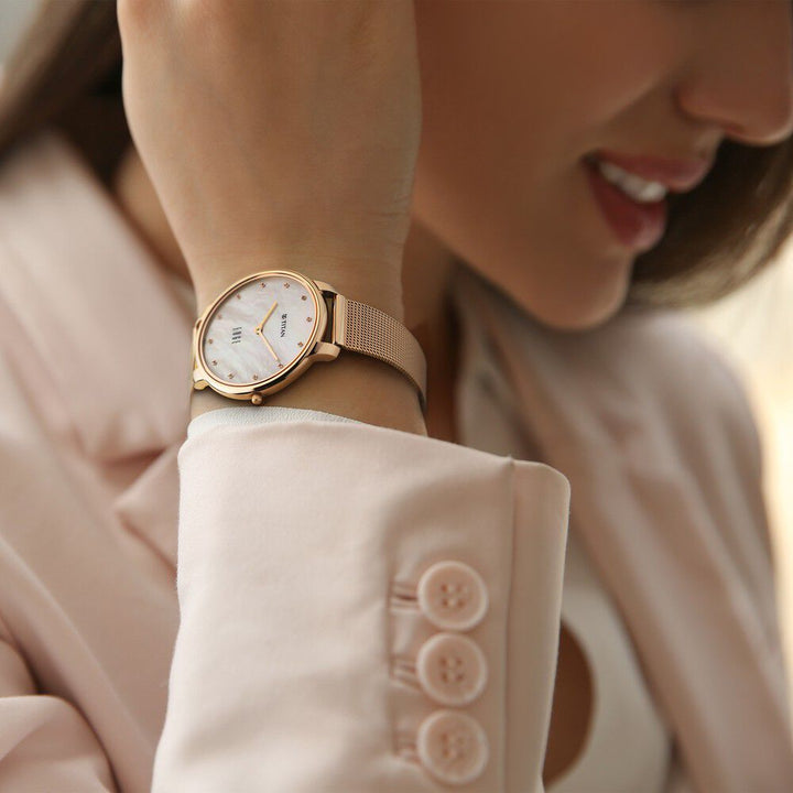 Titan Edge Metal Ladies Allure Quartz Analog Mother Of Pearl Round Dial Rose Gold Stainless Steel Strap Watch For Women - The Watch Factory ®