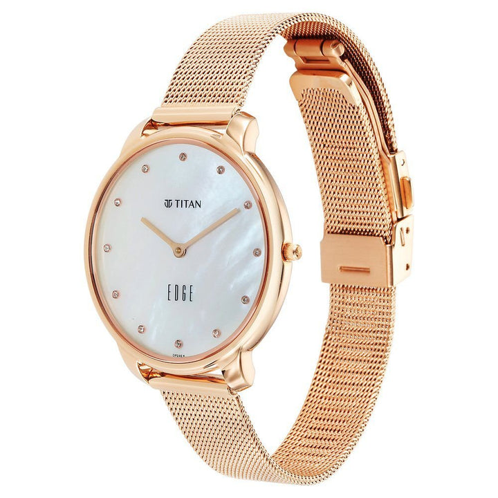 Titan Edge Metal Ladies Allure Quartz Analog Mother Of Pearl Round Dial Rose Gold Stainless Steel Strap Watch For Women - The Watch Factory ®