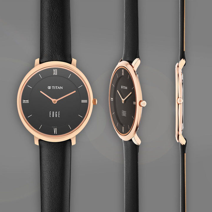 Titan Edge Quartz Analog Black Dial Black Leather Strap Watch For Women - The Watch Factory ®