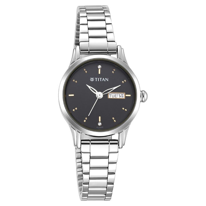 Titan Lagan Black Dial Analog with Day and Date Metal Strap Watch for Women NS2656SM03