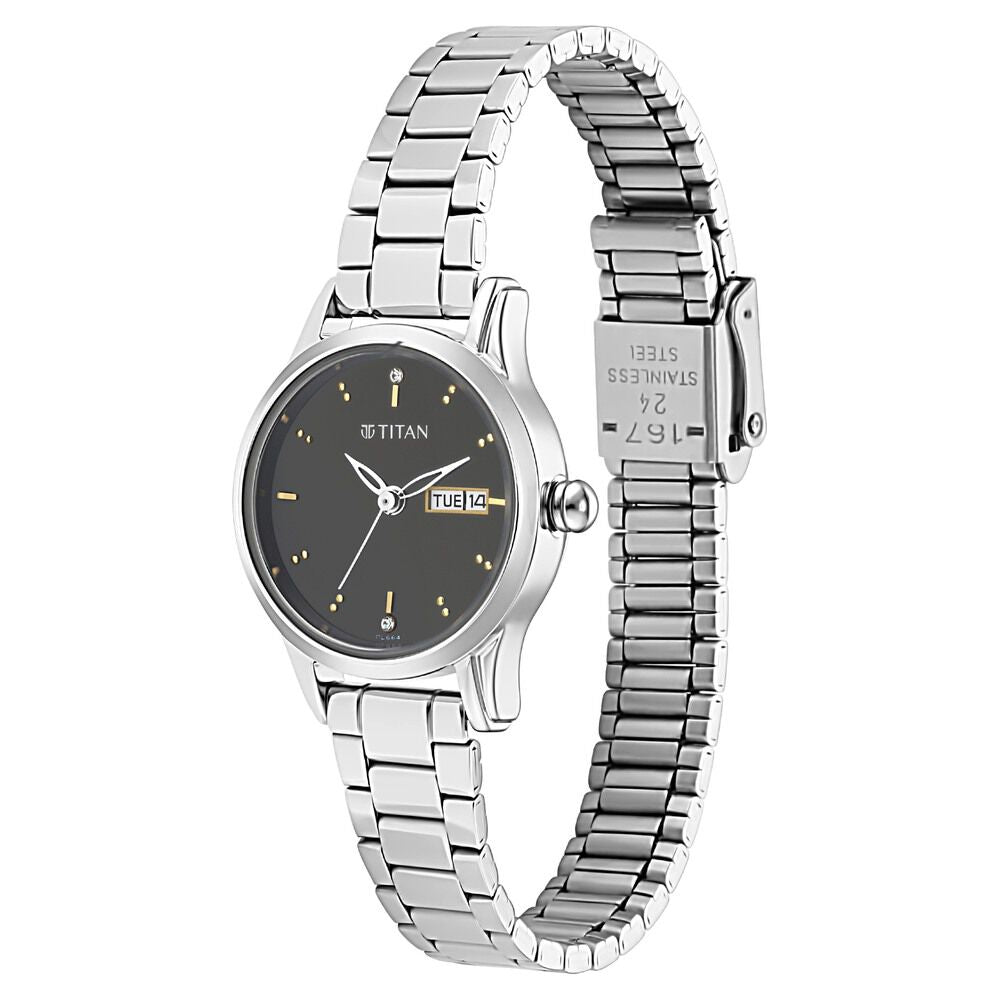 Titan Lagan Black Dial Analog with Day and Date Metal Strap Watch for Women NS2656SM03
