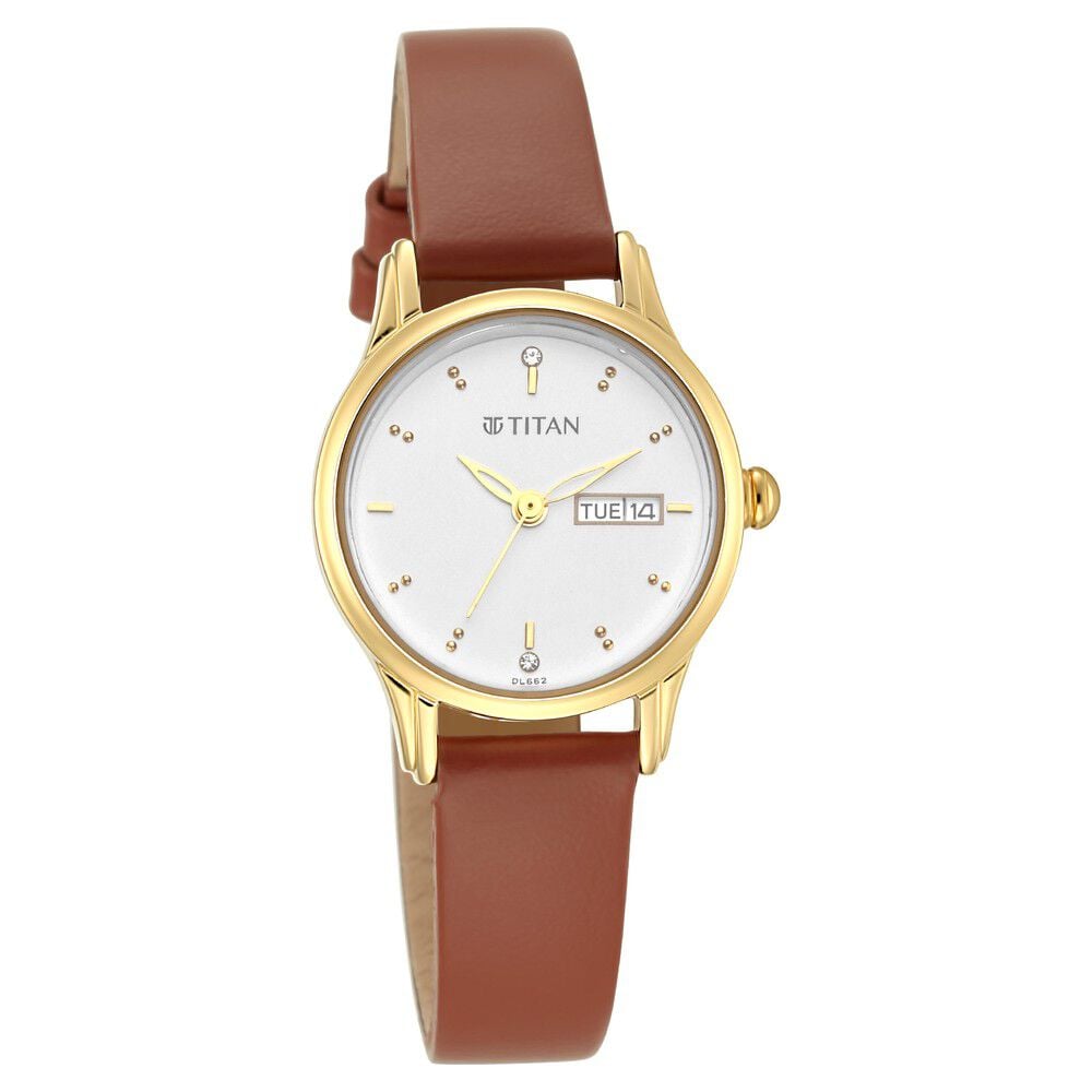 Titan Lagan White Dial Analog with Day and Date Leather Strap Watch for Women - The Watch Factory ®