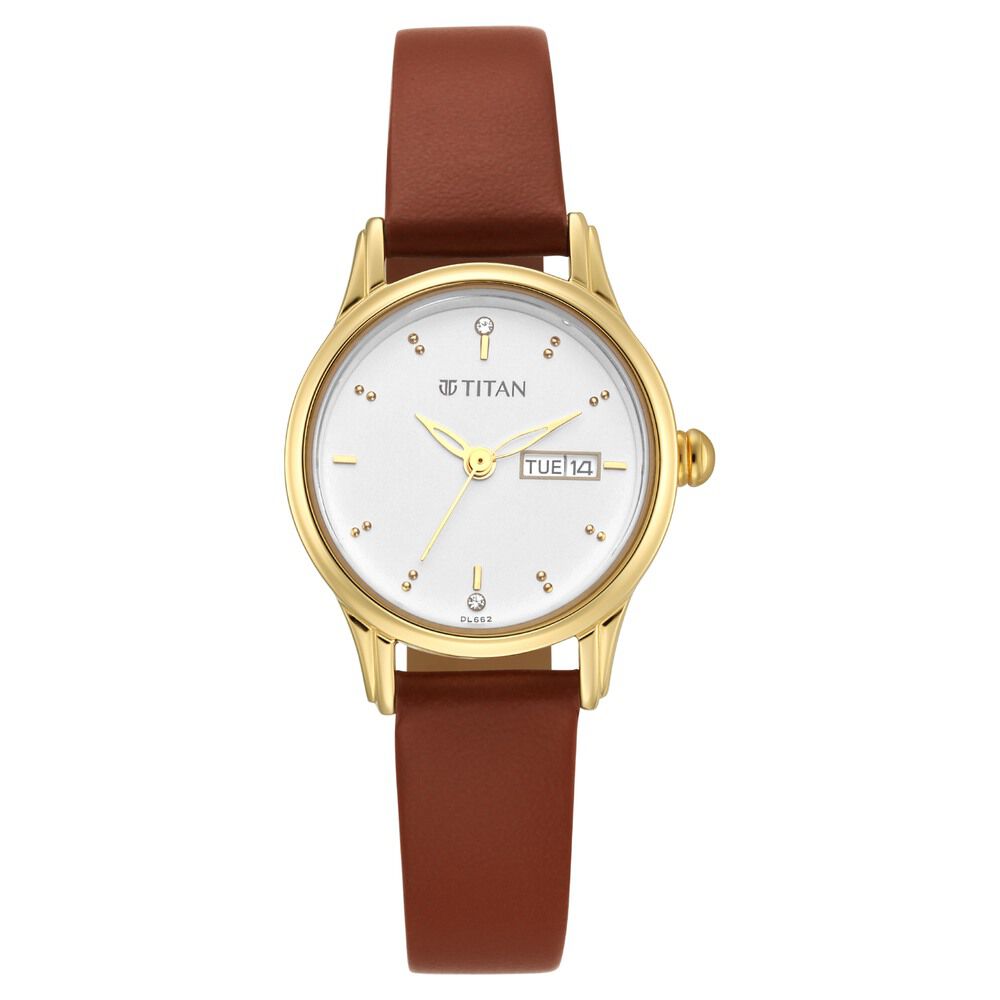 Titan Lagan White Dial Analog with Day and Date Leather Strap Watch for Women - The Watch Factory ®