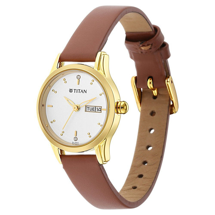 Titan Lagan White Dial Analog with Day and Date Leather Strap Watch for Women NS2656YL01