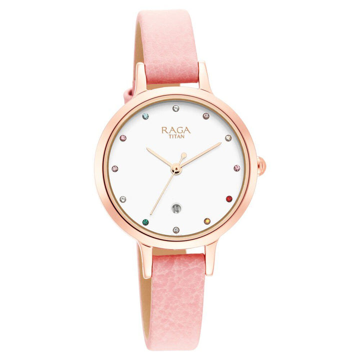 Titan Raga Viva Quartz Analog with Date White Dial Leather Strap Watch for Women NS2666WL01
