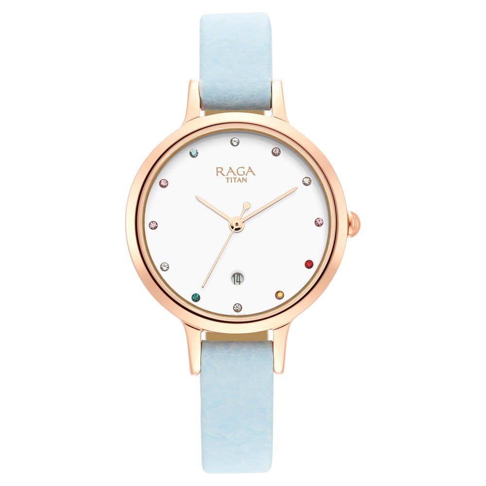 Titan Raga Viva Quartz Analog with Date White Dial Women Watch With Leather Strap NS2666WL02