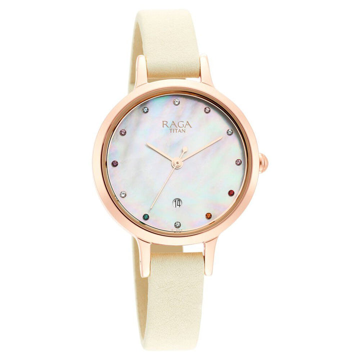 Titan Raga Viva Quartz Analog with Date Mother Of Pearl Dial Leather Strap Watch for Women NS2666WL03
