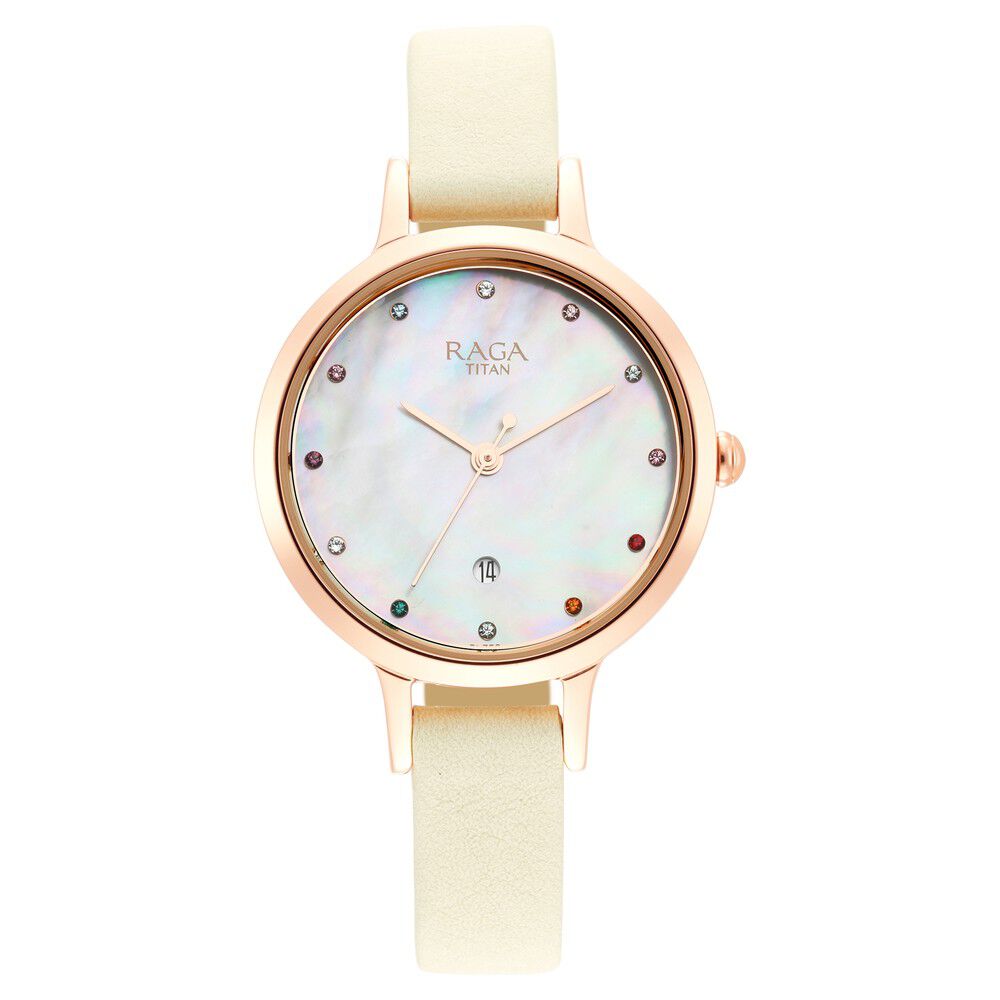 Titan Raga Viva Quartz Analog with Date Mother Of Pearl Dial Leather Strap Watch for Women NS2666WL03