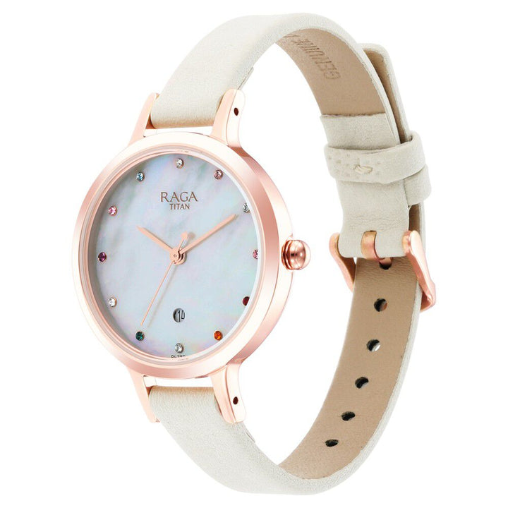 Titan Raga Viva Quartz Analog with Date Mother Of Pearl Dial Leather Strap Watch for Women NS2666WL03