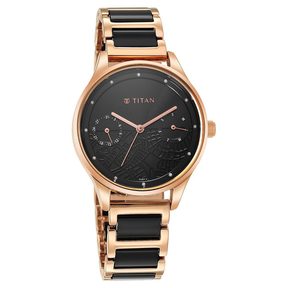 Titan Purple Acetate Black Dial Analog with Day and Date Metal and Acetate Strap Watch for Women - The Watch Factory ®