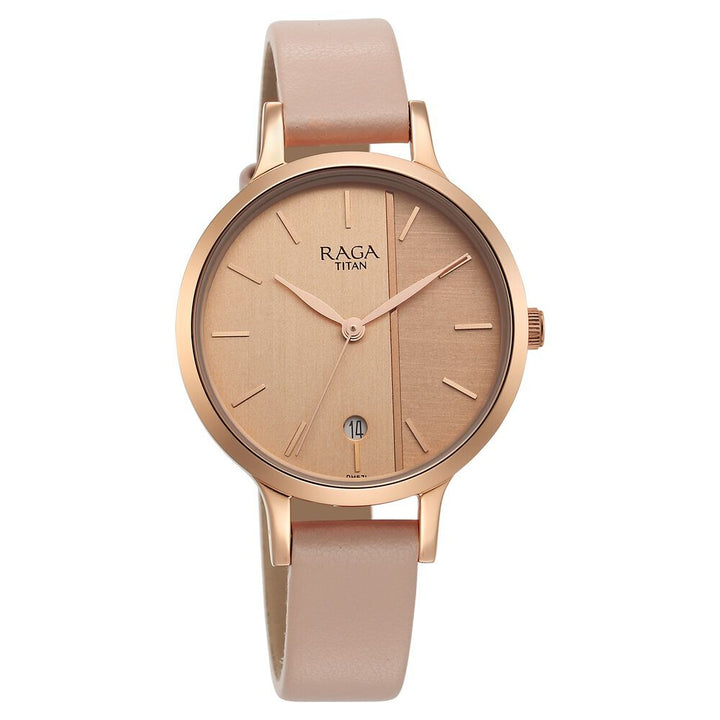 Titan Raga Viva Rose Gold Dial Analog with Date Leather Strap watch for Women - The Watch Factory ®