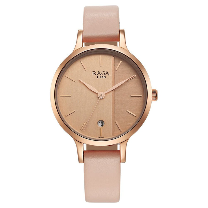 Titan Raga Viva Rose Gold Dial Analog with Date Leather Strap watch for Women - The Watch Factory ®