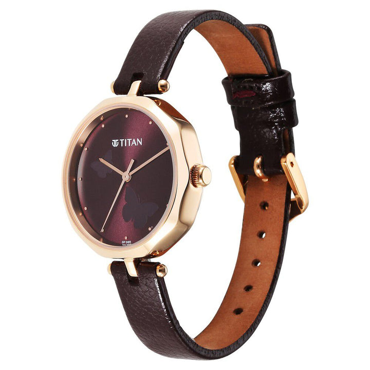 Titan Karishma Quartz Analog Maroon Dial Leather Strap Watch for Women - The Watch Factory ®
