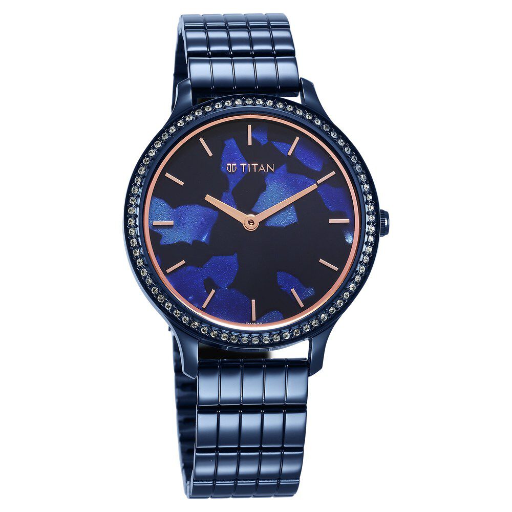 Titan Secluded Quartz Analog Blue Acetate Dial Stainless Steel Strap Watch For Women 2711QM01